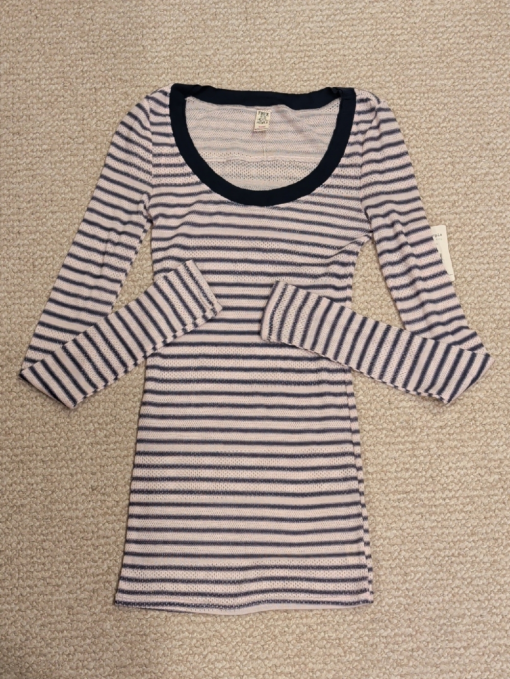 Free People Striped Long Sleeve Scoop Neck Tee in Navy And Light Pink